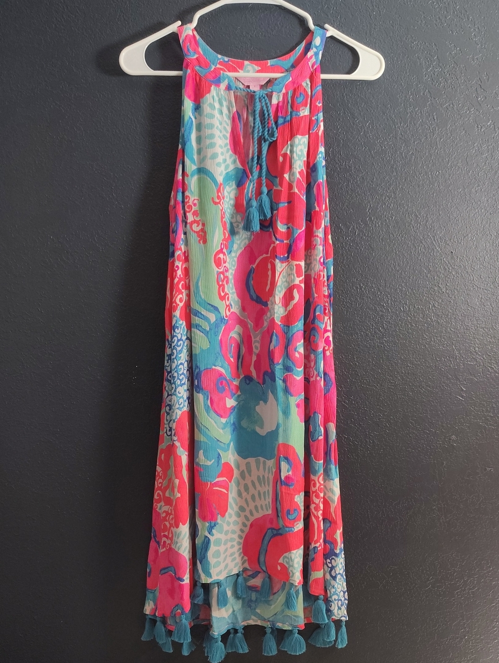 Lilly Pulitzer Sleeveless High Low Tassel Pink Blue Abstract Dress